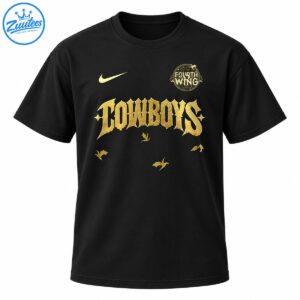 Gold gothic COWBOYS lettering with FOURTH WING emblem, swoosh graphic, and three flying dragon silhouettes