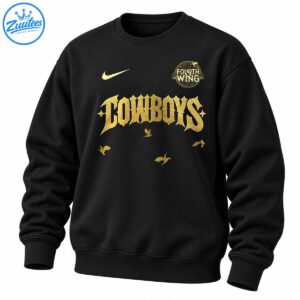 Gold gothic COWBOYS lettering with FOURTH WING emblem, swoosh graphic, and three flying dragon silhouettes