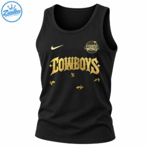 Gold gothic COWBOYS lettering with FOURTH WING emblem, swoosh graphic, and three flying dragon silhouettes