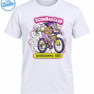 Shredding Sid skeleton with spiky purple hair riding a yellow mountain bike, with SCUMBAGCLUB and SHREDDING SID text