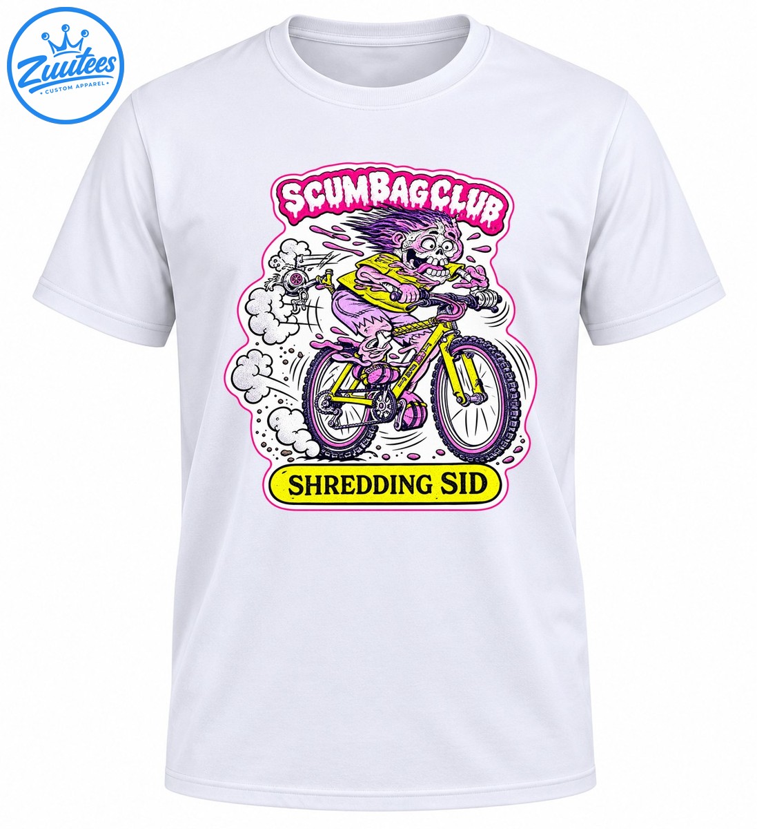 Shredding Sid skeleton with spiky purple hair riding a yellow mountain bike, with SCUMBAGCLUB and SHREDDING SID text Shredding Sid skeleton with spiky purple hair riding a yellow mountain bike, with SCUMBAGCLUB and SHREDDING SID text