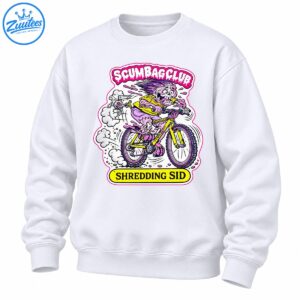 Shredding Sid skeleton with spiky purple hair riding a yellow mountain bike, with SCUMBAGCLUB and SHREDDING SID text