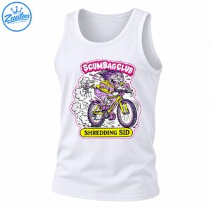 Shredding Sid skeleton with spiky purple hair riding a yellow mountain bike, with SCUMBAGCLUB and SHREDDING SID text