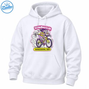 Shredding Sid skeleton with spiky purple hair riding a yellow mountain bike, with SCUMBAGCLUB and SHREDDING SID text