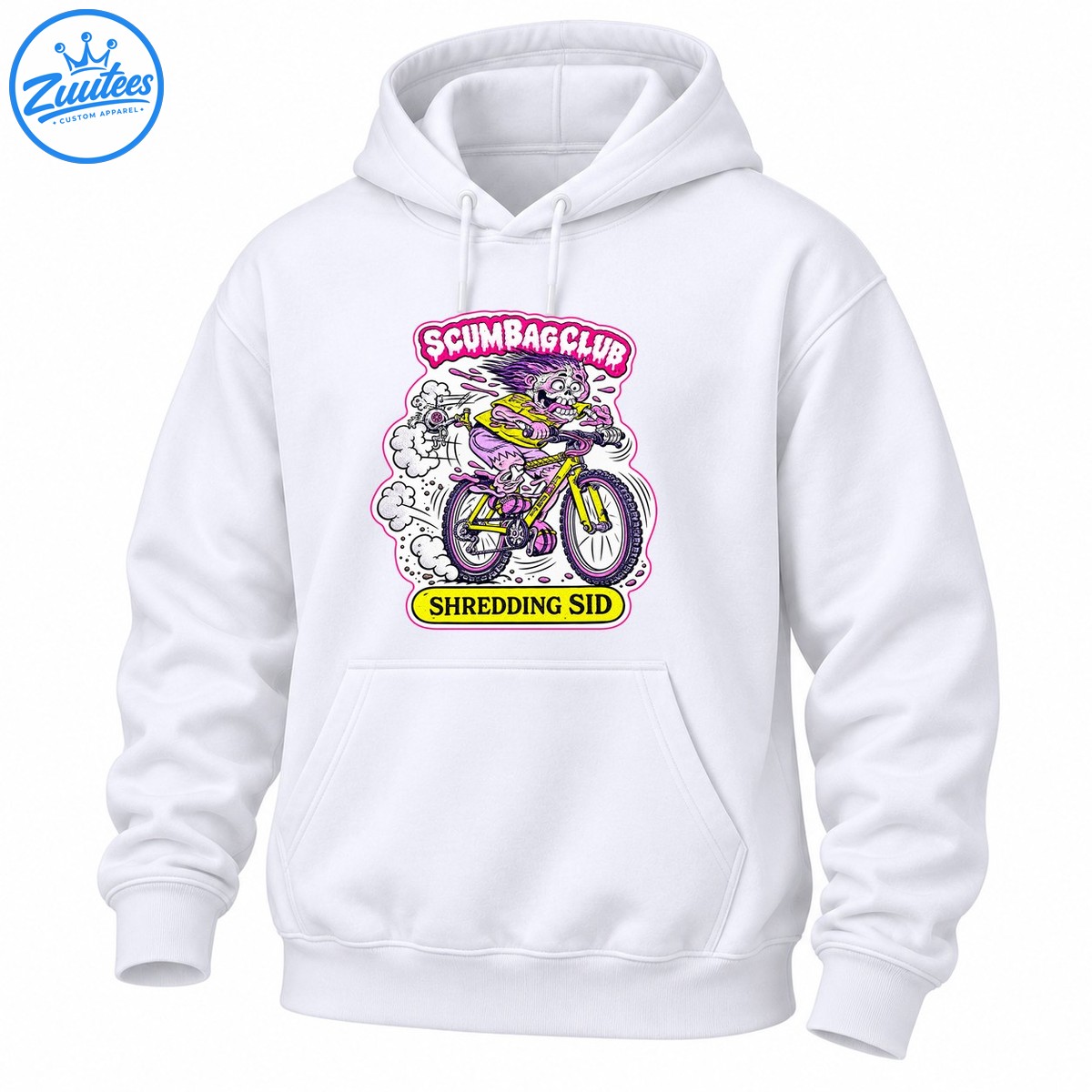 Shredding Sid skeleton with spiky purple hair riding a yellow mountain bike, with SCUMBAGCLUB and SHREDDING SID text Shredding Sid skeleton with spiky purple hair riding a yellow mountain bike, with SCUMBAGCLUB and SHREDDING SID text