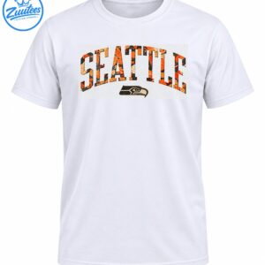 Seattle wordmark in distressed orange, black, and cream lettering above a vintage-style hawk head graphic