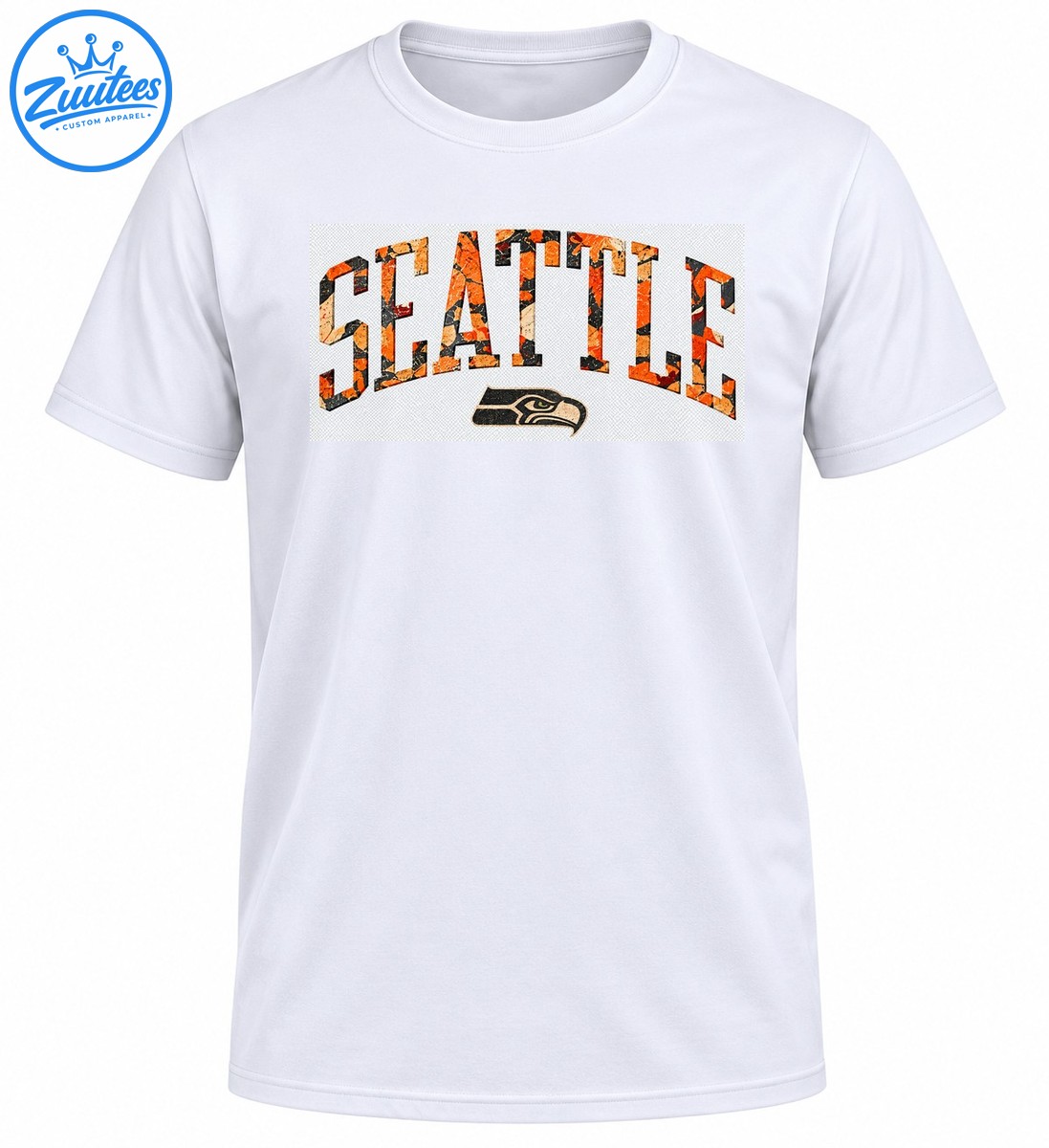 Seattle wordmark in distressed orange, black, and cream lettering above a vintage style hawk head graphic Seattle wordmark in distressed orange, black, and cream lettering above a vintage-style hawk head graphic