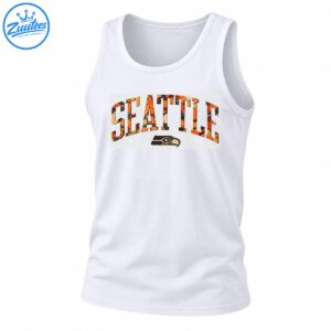 Seattle wordmark in distressed orange, black, and cream lettering above a vintage-style hawk head graphic