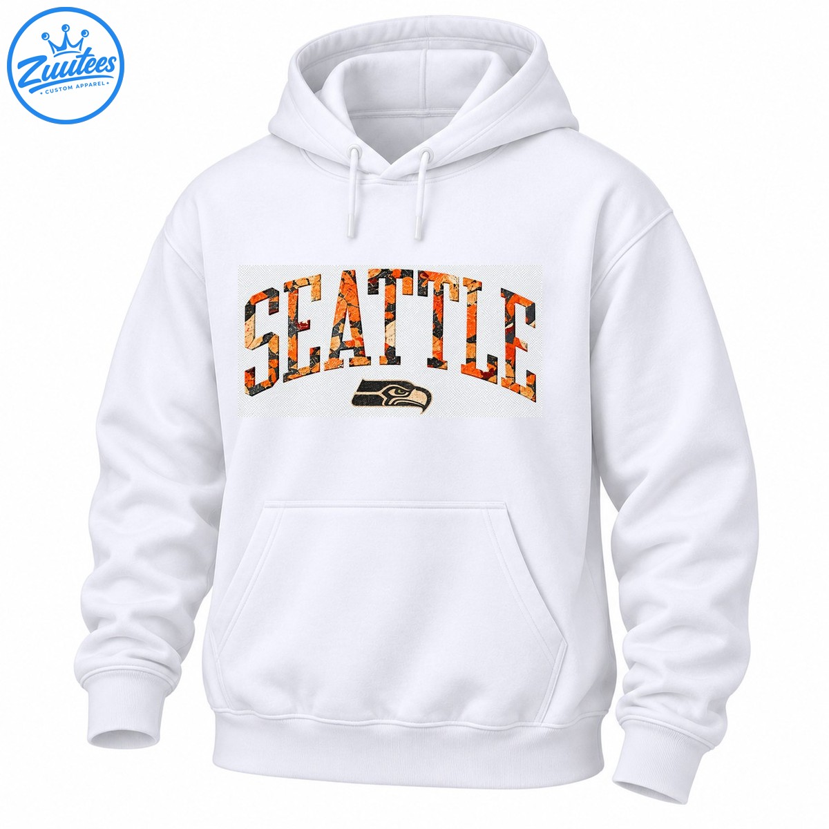 Seattle wordmark in distressed orange, black, and cream lettering above a vintage style hawk head graphic Seattle wordmark in distressed orange, black, and cream lettering above a vintage-style hawk head graphic