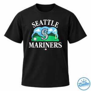 Seattle Mariners graphic with white lettering, compass emblem, baseballs, blue sky, green field, and yellow foul pole