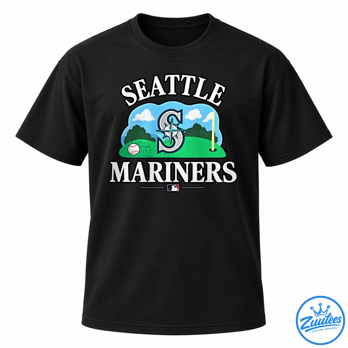 Seattle Mariners ’47 Plackard Foundation Quiet Please On Tees And Greens Shirt Seattle Mariners graphic with white lettering, compass emblem, baseballs, blue sky, green field, and yellow foul pole
