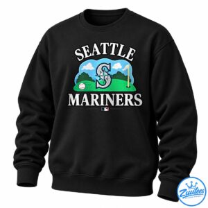 Seattle Mariners graphic with white lettering, compass emblem, baseballs, blue sky, green field, and yellow foul pole