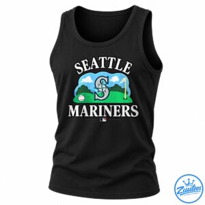 Seattle Mariners graphic with white lettering, compass emblem, baseballs, blue sky, green field, and yellow foul pole