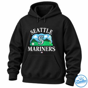 Seattle Mariners graphic with white lettering, compass emblem, baseballs, blue sky, green field, and yellow foul pole