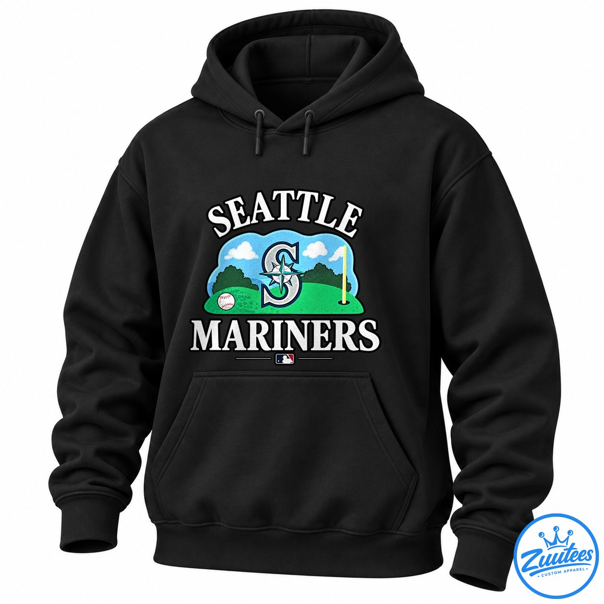 Seattle Mariners ’47 Plackard Foundation Quiet Please On Tees And Greens Shirt Seattle Mariners graphic with white lettering, compass emblem, baseballs, blue sky, green field, and yellow foul pole