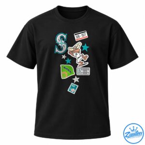 Seattle baseball graphic with a moose mascot, teal compass emblem, stars, green field patch, and vintage SEA badges