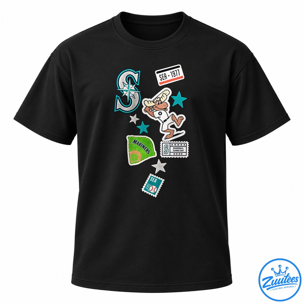 Seattle Mariners New Era City Patch Mascot Shirt Seattle baseball graphic with a moose mascot, teal compass emblem, stars, green field patch, and vintage SEA badges