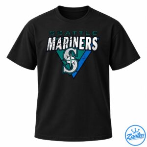 Seattle Mariners graphic featuring distressed white lettering, teal and blue geometric shapes, and a compass baseball emblem.