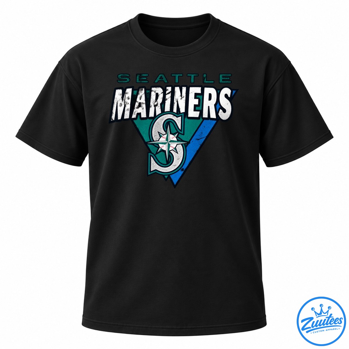 Seattle Mariners True To The Blue Logo Shirt Seattle Mariners graphic featuring distressed white lettering, teal and blue geometric shapes, and a compass baseball emblem.