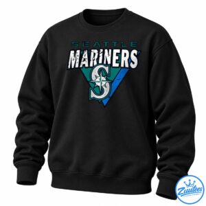 Seattle Mariners graphic featuring distressed white lettering, teal and blue geometric shapes, and a compass baseball emblem.
