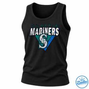 Seattle Mariners graphic featuring distressed white lettering, teal and blue geometric shapes, and a compass baseball emblem.