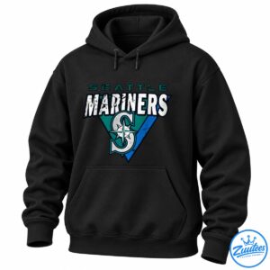 Seattle Mariners graphic featuring distressed white lettering, teal and blue geometric shapes, and a compass baseball emblem.