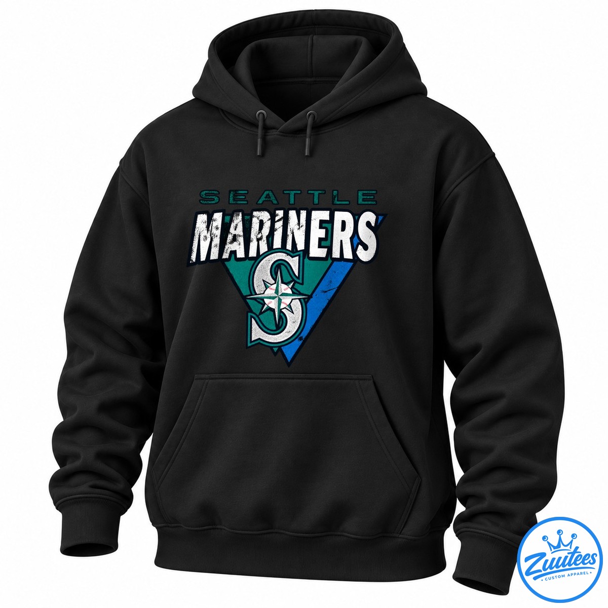 Seattle Mariners True To The Blue Logo Shirt Seattle Mariners graphic featuring distressed white lettering, teal and blue geometric shapes, and a compass baseball emblem.