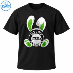 Seattle Seahawks Easter bunny design with green-lined white ears, green paw pads, and a distressed circular hawk emblem
