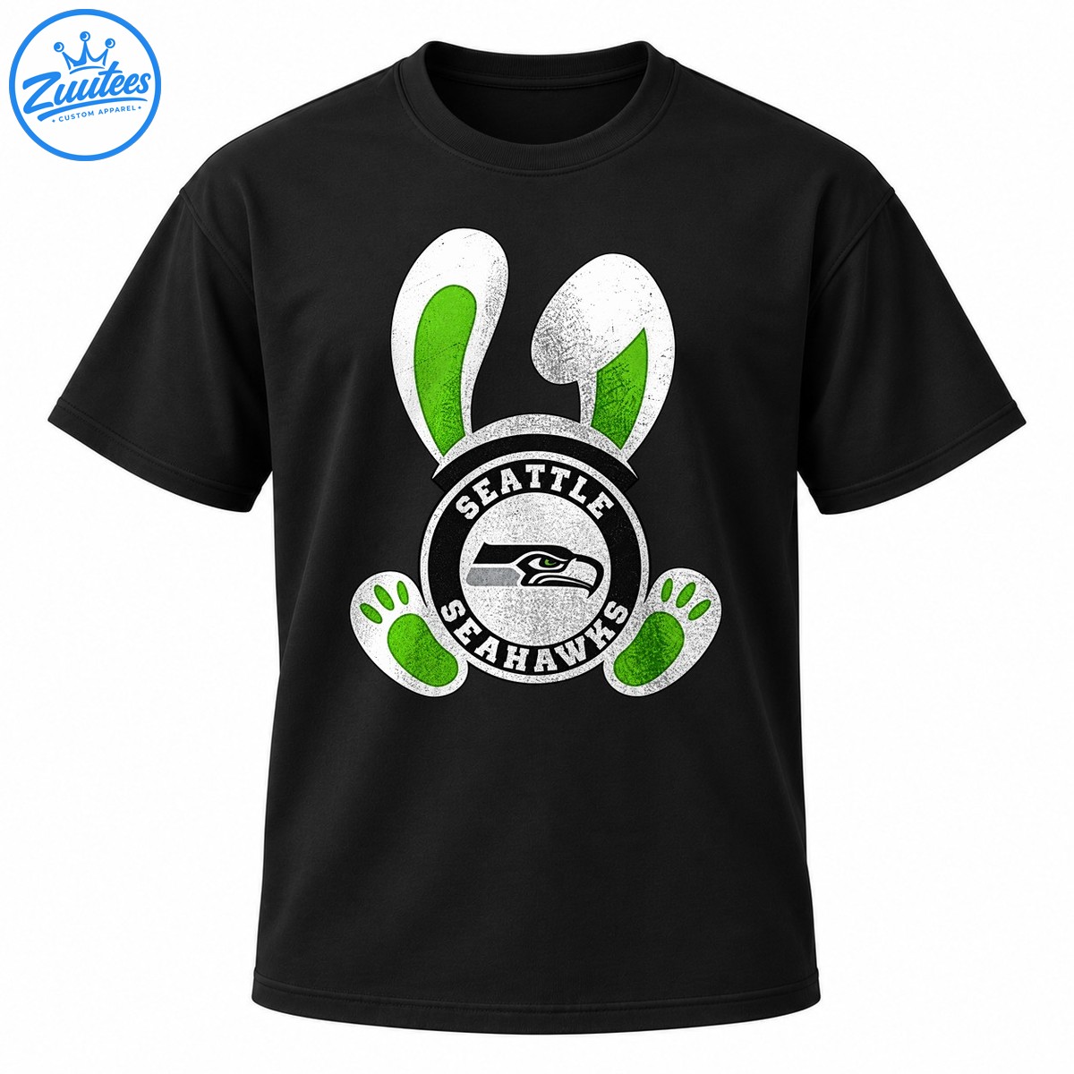 Seattle Seahawks Easter bunny design with green lined white ears, green paw pads, and a distressed circular hawk emblem Seattle Seahawks Easter bunny design with green-lined white ears, green paw pads, and a distressed circular hawk emblem