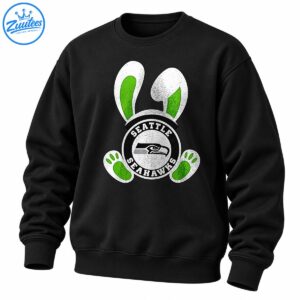 Seattle Seahawks Easter bunny design with green-lined white ears, green paw pads, and a distressed circular hawk emblem