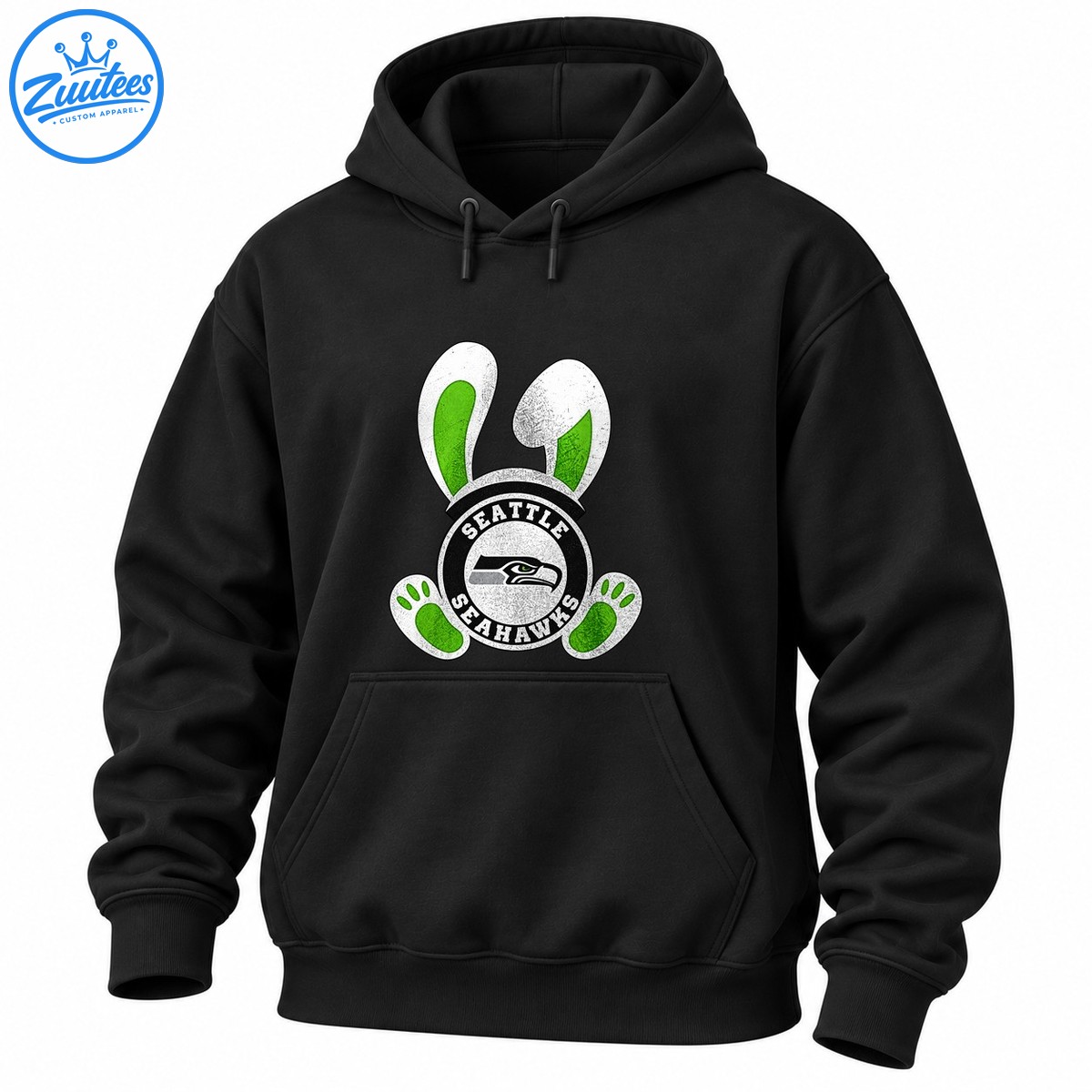 Seattle Seahawks Easter bunny design with green lined white ears, green paw pads, and a distressed circular hawk emblem Seattle Seahawks Easter bunny design with green-lined white ears, green paw pads, and a distressed circular hawk emblem