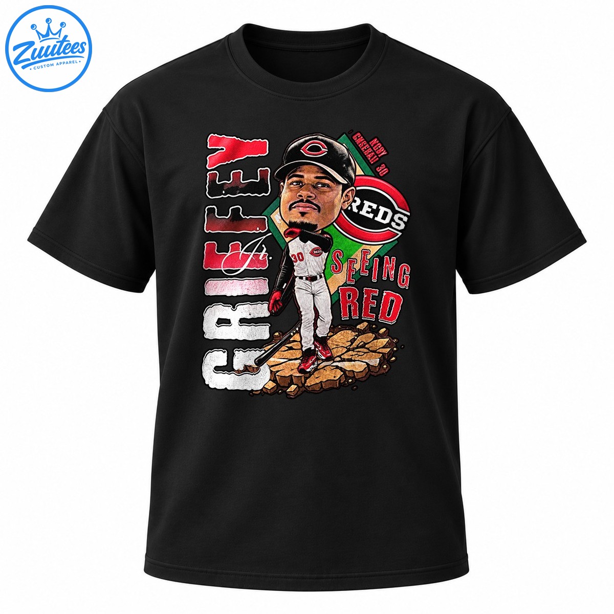 Vintage baseball player caricature with a black cap, white uniform, red lettering, baseball emblem, and SEEING RED text Vintage baseball player caricature with a black cap, white uniform, red lettering, baseball emblem, and SEEING RED text