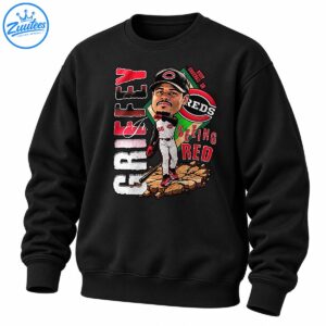 Vintage baseball player caricature with a black cap, white uniform, red lettering, baseball emblem, and SEEING RED text