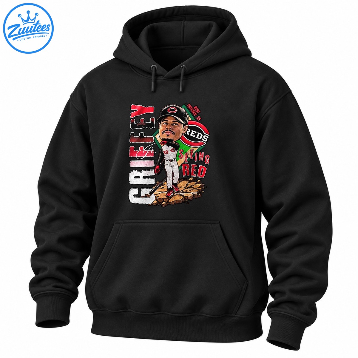 Vintage baseball player caricature with a black cap, white uniform, red lettering, baseball emblem, and SEEING RED text Vintage baseball player caricature with a black cap, white uniform, red lettering, baseball emblem, and SEEING RED text