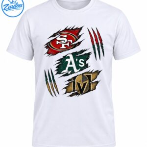Distressed sports graphic with a red SF emblem, white A's lettering on green, a gold and black knight helmet, and claw marks