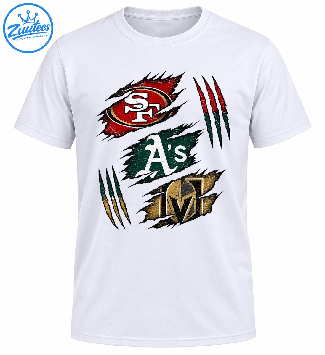 Distressed sports graphic with a red SF emblem, white A's lettering on green, a gold and black knight helmet, and claw marks Distressed sports graphic with a red SF emblem, white A's lettering on green, a gold and black knight helmet, and claw marks