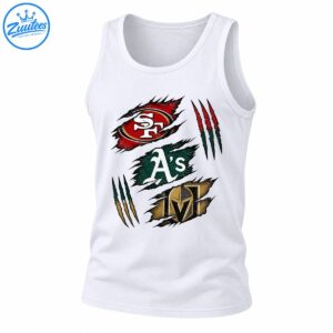 Distressed sports graphic with a red SF emblem, white A's lettering on green, a gold and black knight helmet, and claw marks
