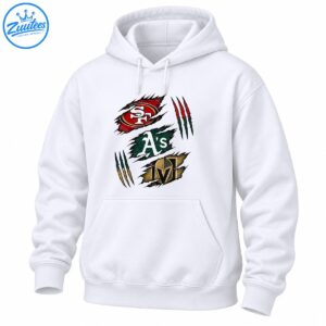 Distressed sports graphic with a red SF emblem, white A's lettering on green, a gold and black knight helmet, and claw marks