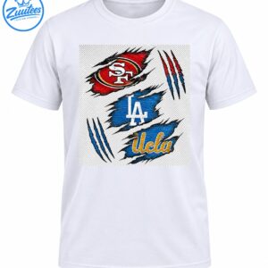SF, LA, and UCLA lettering on distressed red and blue ripped panels with black edges and sharp claw marks