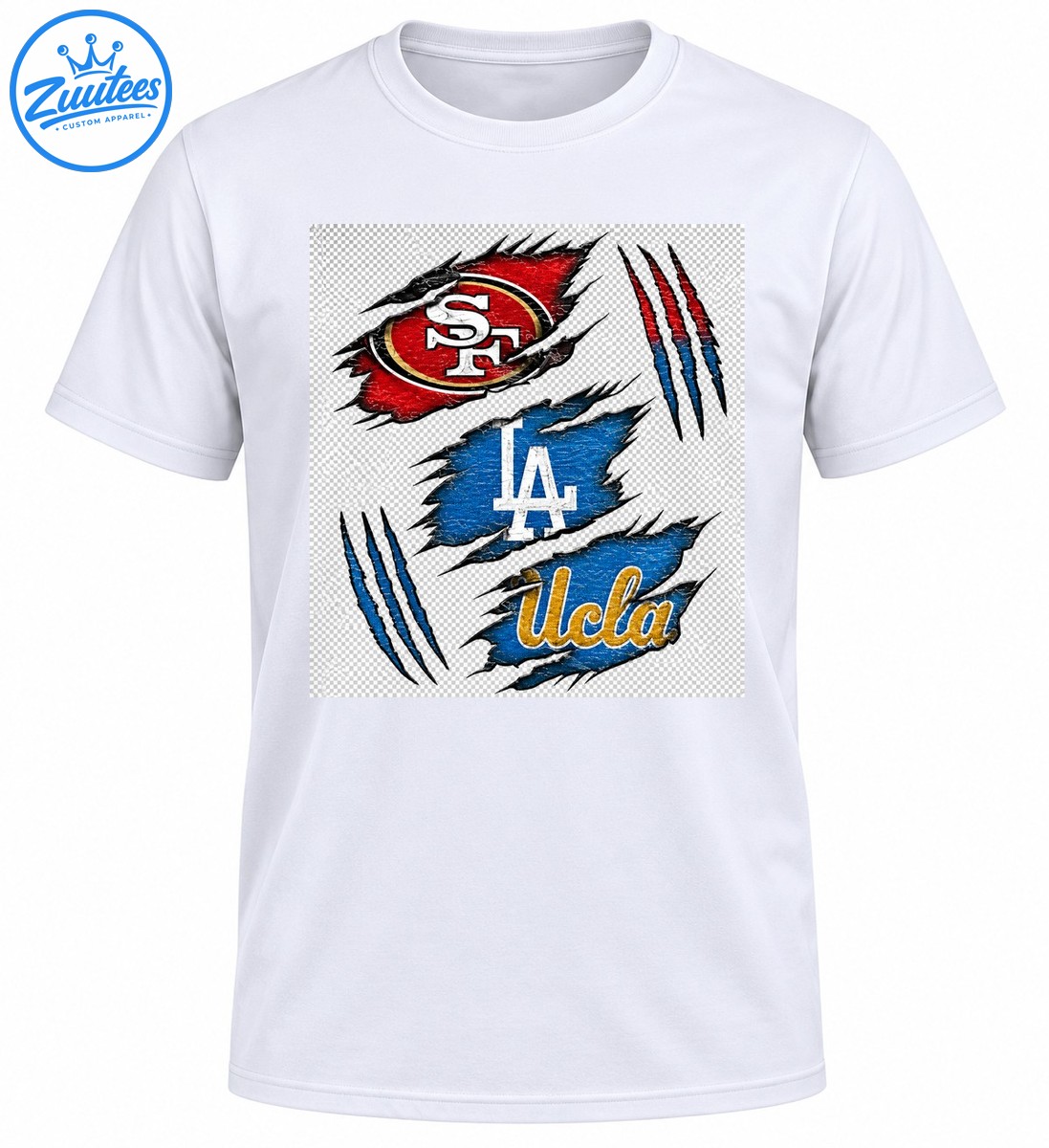 SF, LA, and UCLA lettering on distressed red and blue ripped panels with black edges and sharp claw marks SF, LA, and UCLA lettering on distressed red and blue ripped panels with black edges and sharp claw marks