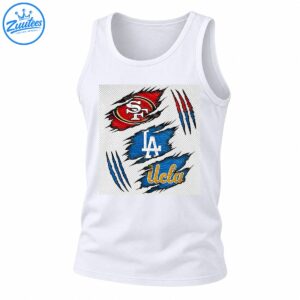 SF, LA, and UCLA lettering on distressed red and blue ripped panels with black edges and sharp claw marks