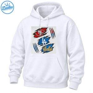 SF, LA, and UCLA lettering on distressed red and blue ripped panels with black edges and sharp claw marks