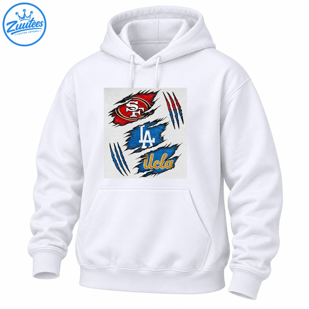 SF, LA, and UCLA lettering on distressed red and blue ripped panels with black edges and sharp claw marks SF, LA, and UCLA lettering on distressed red and blue ripped panels with black edges and sharp claw marks