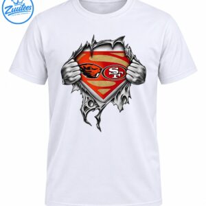 Red and gold superhero-style shield with an orange beaver mascot, white SF emblem, and hands pulling apart torn edges