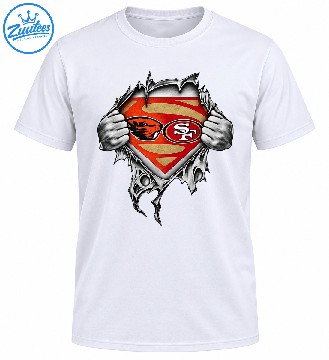 Red and gold superhero style shield with an orange beaver mascot, white SF emblem, and hands pulling apart torn edges Red and gold superhero-style shield with an orange beaver mascot, white SF emblem, and hands pulling apart torn edges