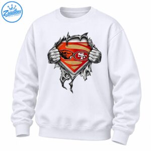 Red and gold superhero-style shield with an orange beaver mascot, white SF emblem, and hands pulling apart torn edges