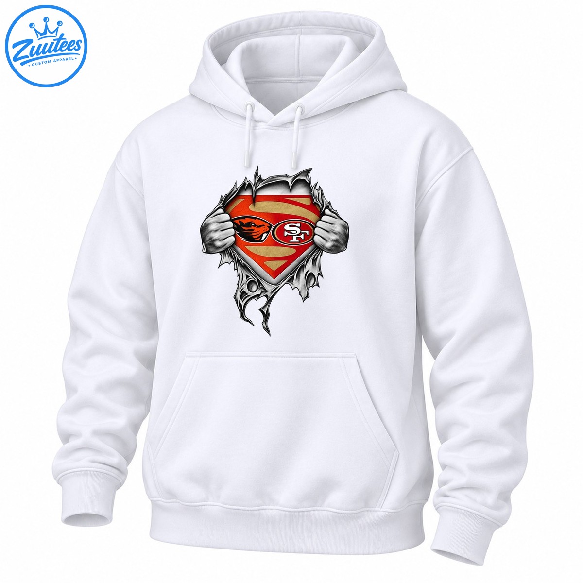 Red and gold superhero style shield with an orange beaver mascot, white SF emblem, and hands pulling apart torn edges Red and gold superhero-style shield with an orange beaver mascot, white SF emblem, and hands pulling apart torn edges
