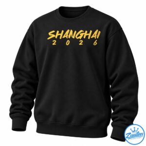 Shanghai golden brush lettering with the year 2026 in a bold graphic design on a black background.