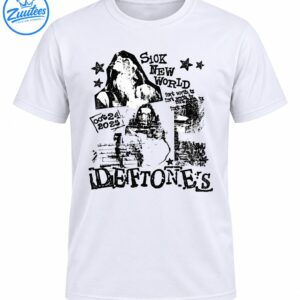 Black and white distressed Sick New World graphic with a performer portrait, stars, October 24 2023 text, and Deftones lettering