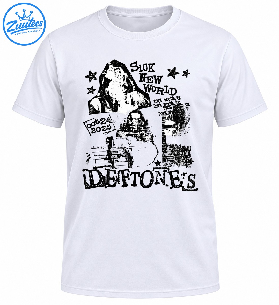 Black and white distressed Sick New World graphic with a performer portrait, stars, October 24 2023 text, and Deftones lettering Black and white distressed Sick New World graphic with a performer portrait, stars, October 24 2023 text, and Deftones lettering